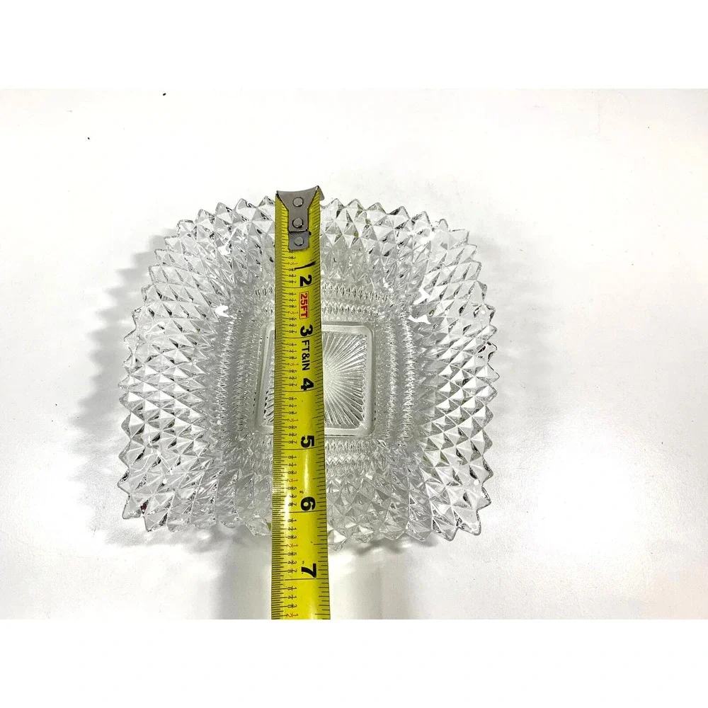 VTG Indiana Glass Clear Diamond Square Point‎ Candy Dish Square 7''x7'' Ruffled